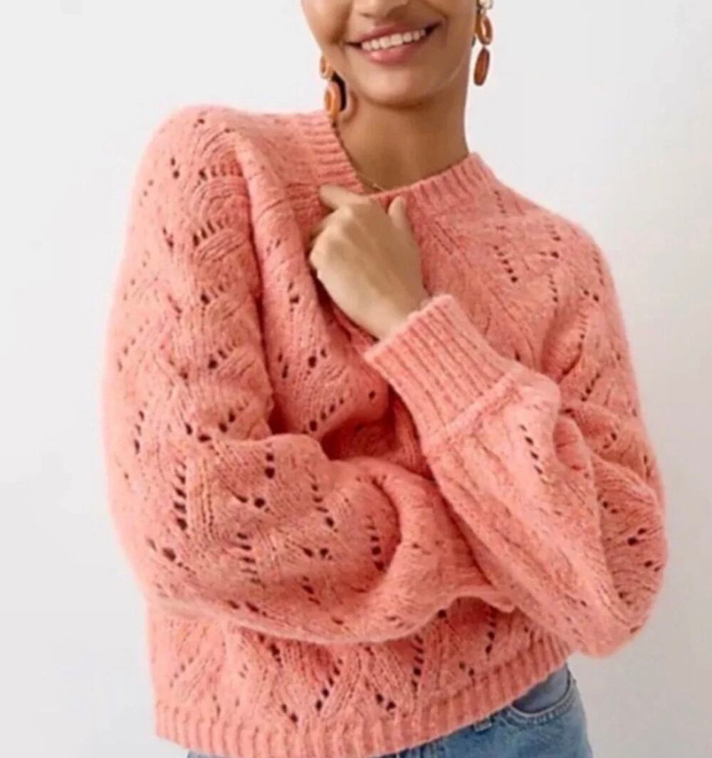 J. Crew Women’s Pink Pointelle Wool-Blend Crew Neck Pullover Sweater Size Large